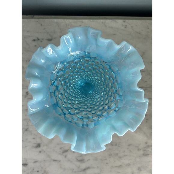 Vintage Fenton Aqua Blue Opalescent Glass Hobnail 8” Ruffled Cone Shaped Vase - Picture 5 of 9